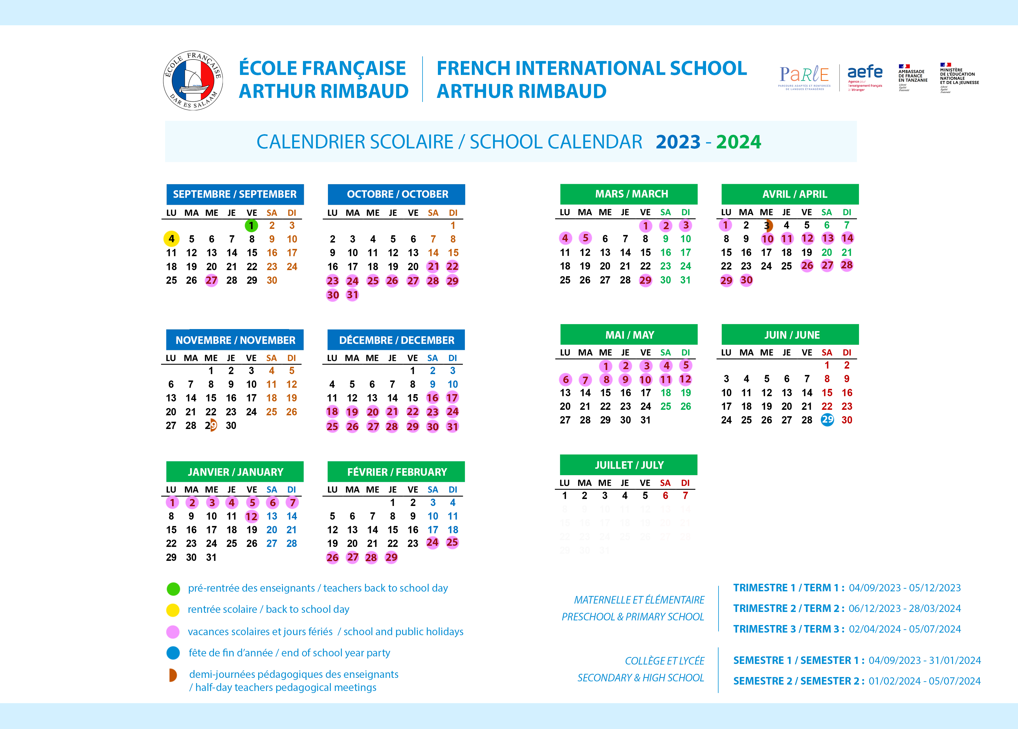 Calendrier scolaire Arthur Rimbaud The French School Society Dar